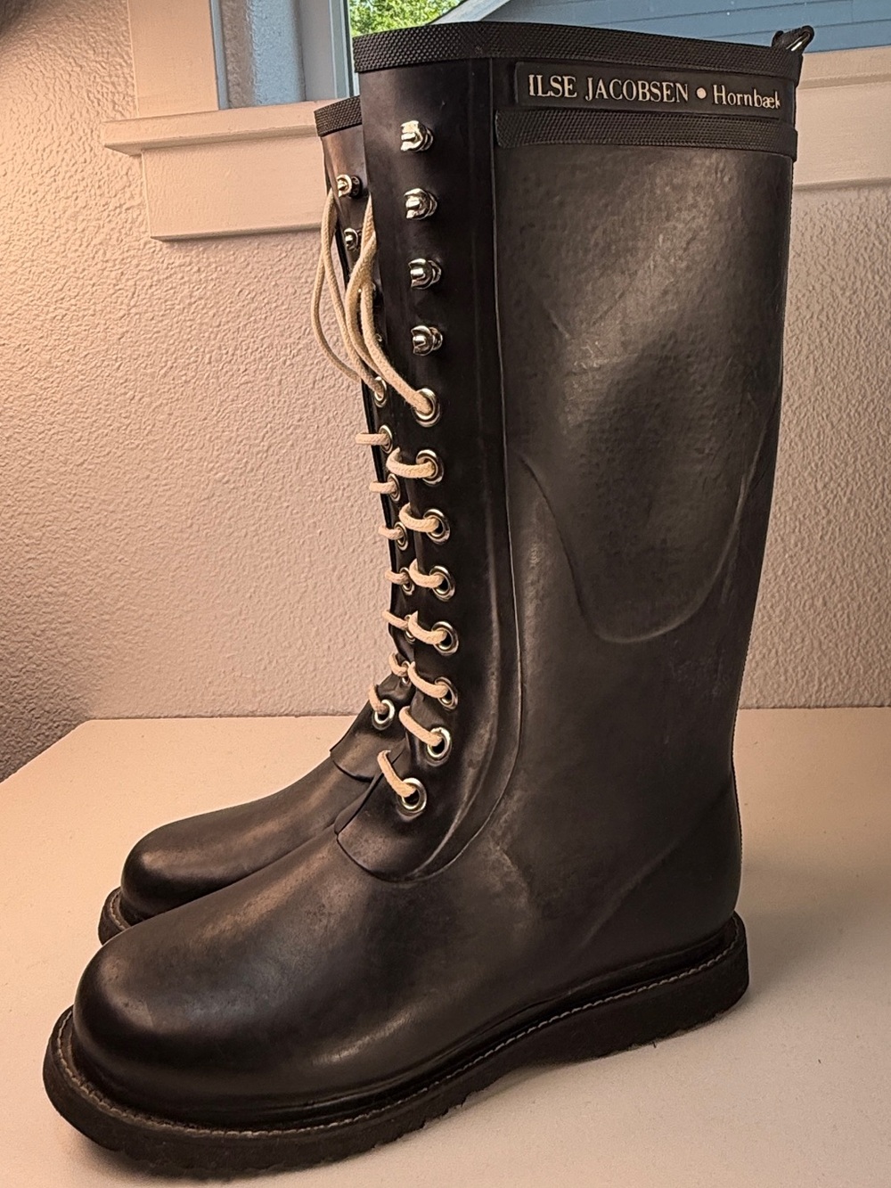 Ilse Jacobsen Hornbaek Black Lace Up Tall Rain Boots EU 40 Womens 9.5